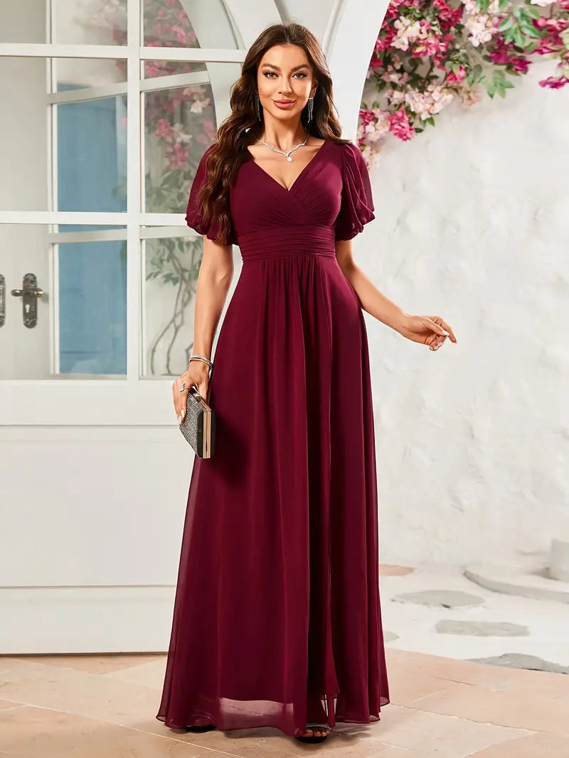Elegant V-Neck Mermaid Trumpet Evening Gown with Short Sleeves, Chest Padding & Floor-Length Train – Perfect for Weddings, Proms & Special Occasions