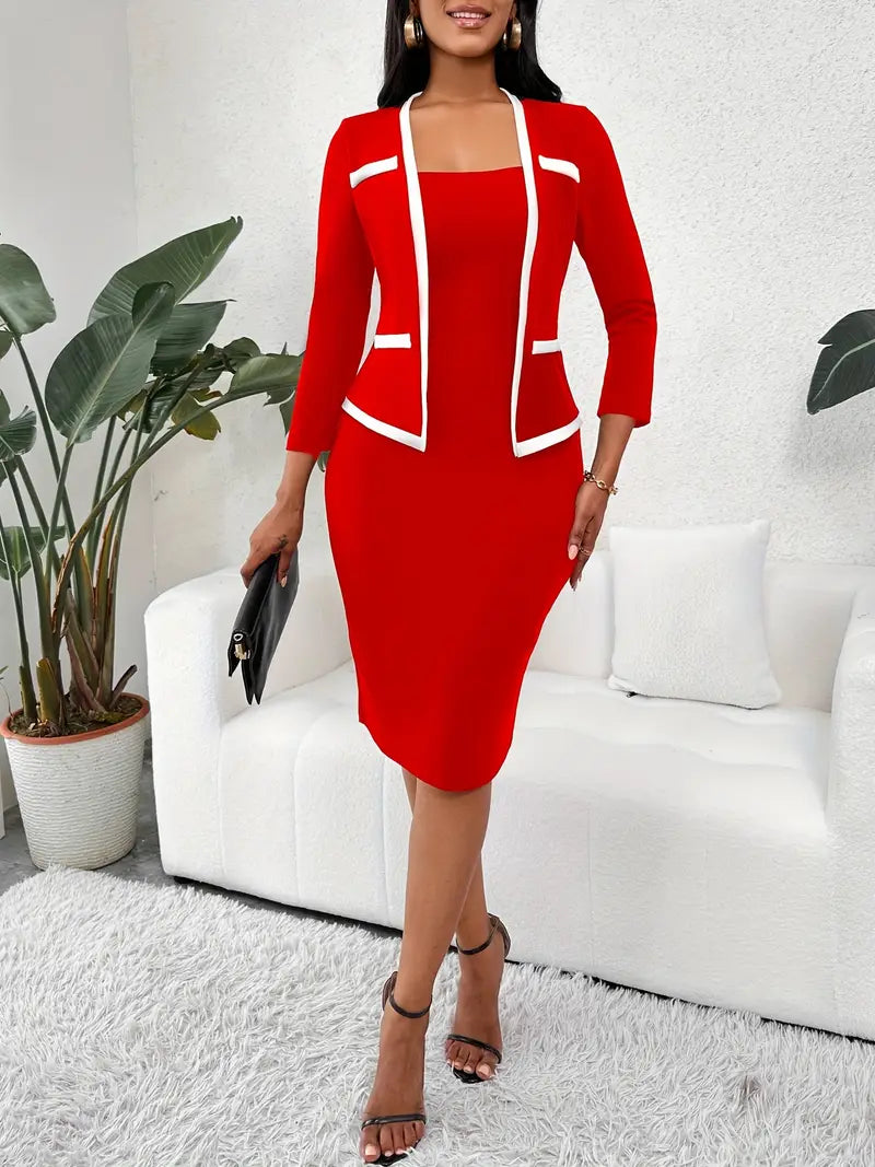 2-in-1 Contrast Trim Bodycon Dress – Elegant Long Sleeve Office & Formal Midi Dress for Modern Women