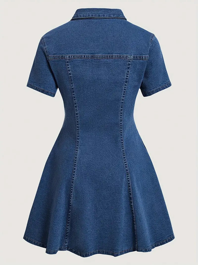 High-Stretch Denim-Look Button-Front Midi Dress – Elegant, Versatile & Non-See-Through