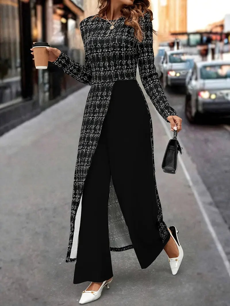 Vintage-Inspired Black & White Checkered Jumpsuit with Asymmetrical Design