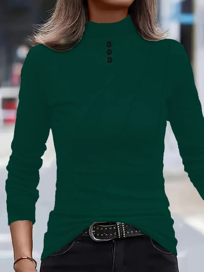 Elegant Long-Sleeve High-Neck Top with Decorative Buttons