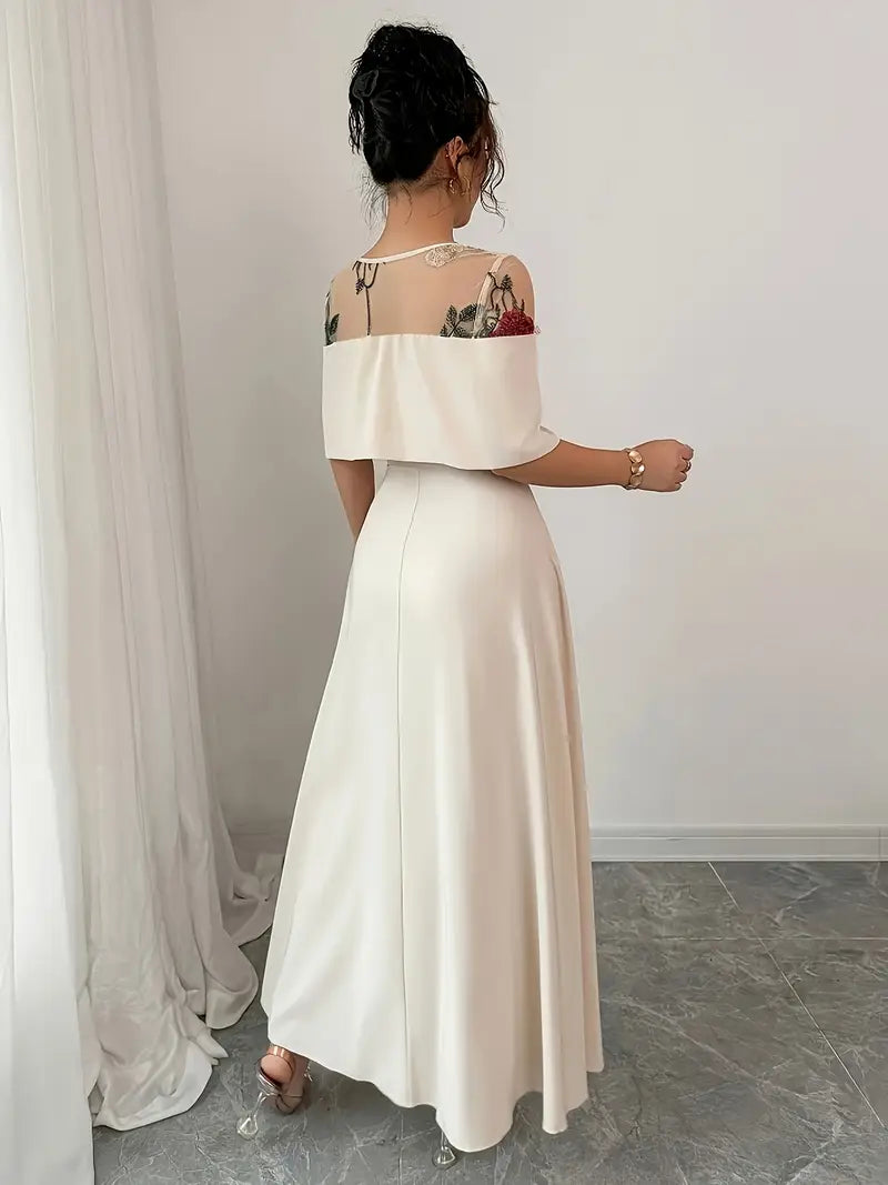 Elegant Beige A-Line Dress with Cinched Waist & Flared Skirt