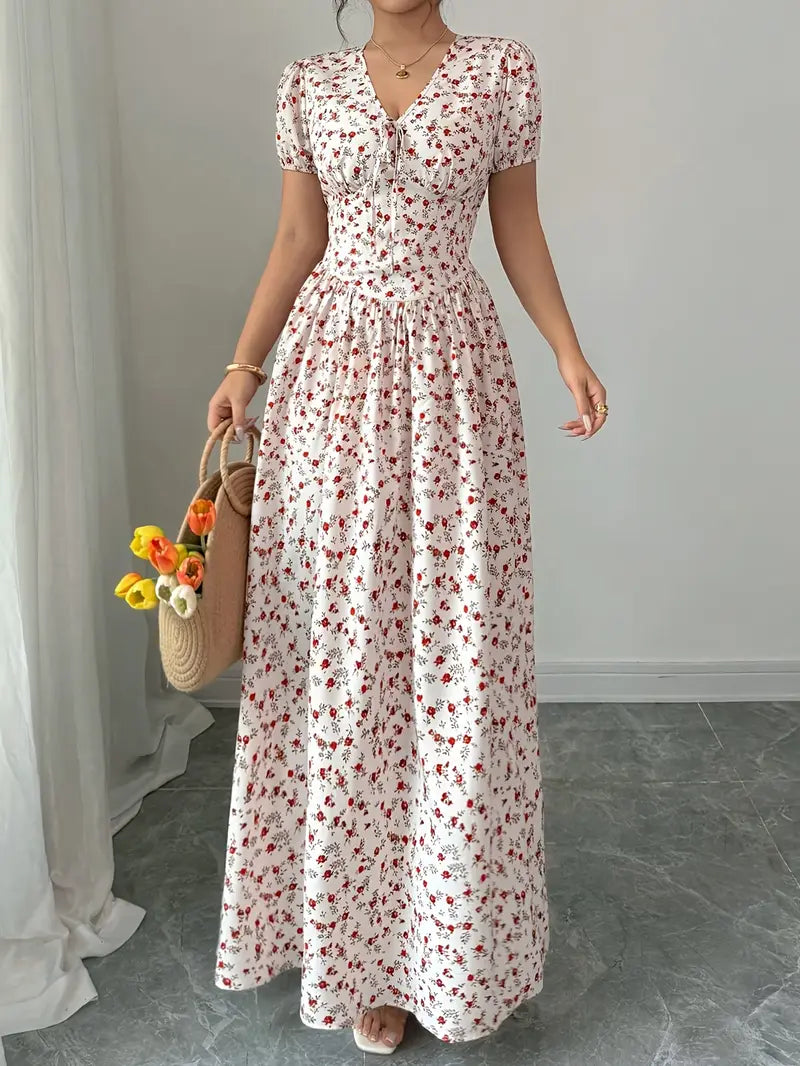 Scarlet Bloom V-Neck Floral Maxi Dress