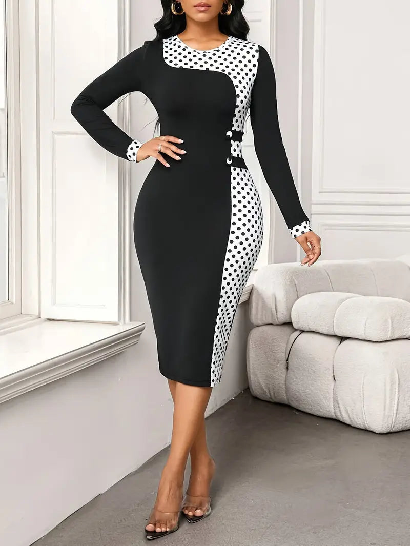 Elegant Polka Dot Bodycon Midi Dress with Button Detailing – Long Sleeve Knit Dress for Effortless Sophistication