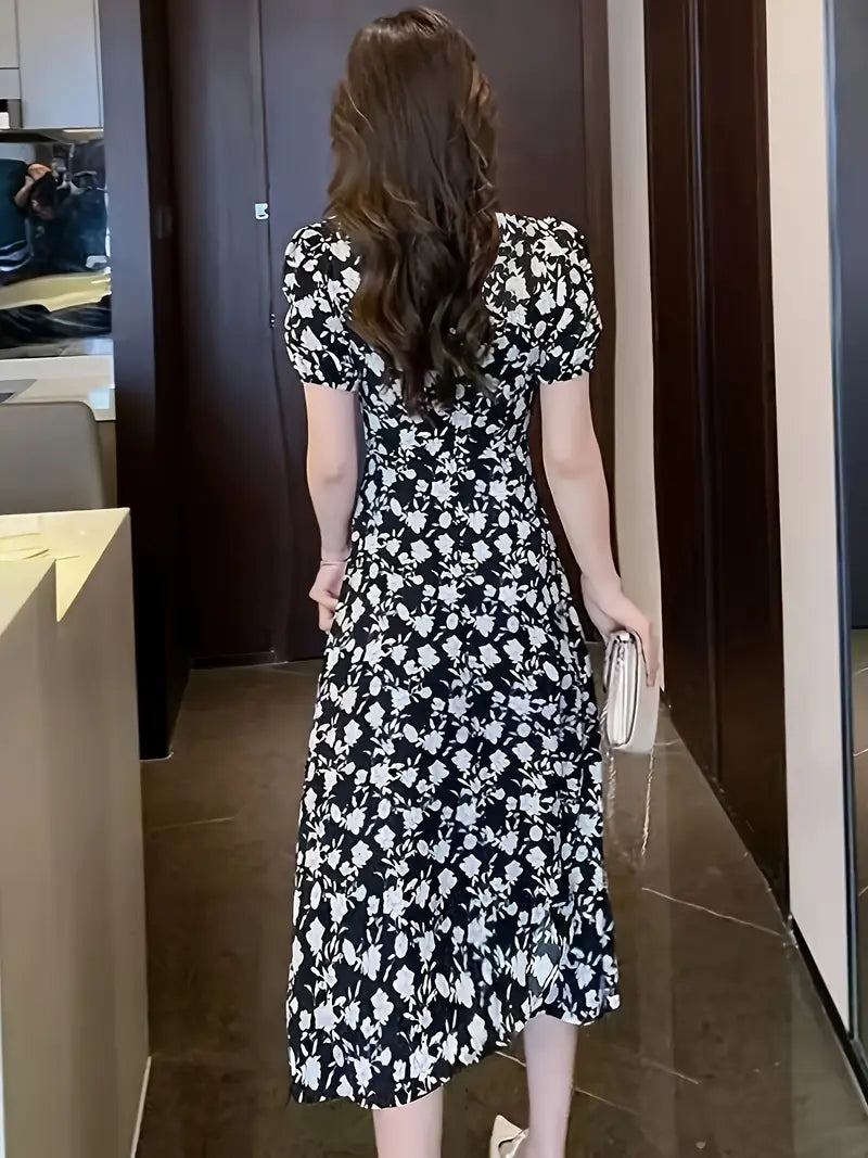 Elegant Floral Square-Neck Midi Dress