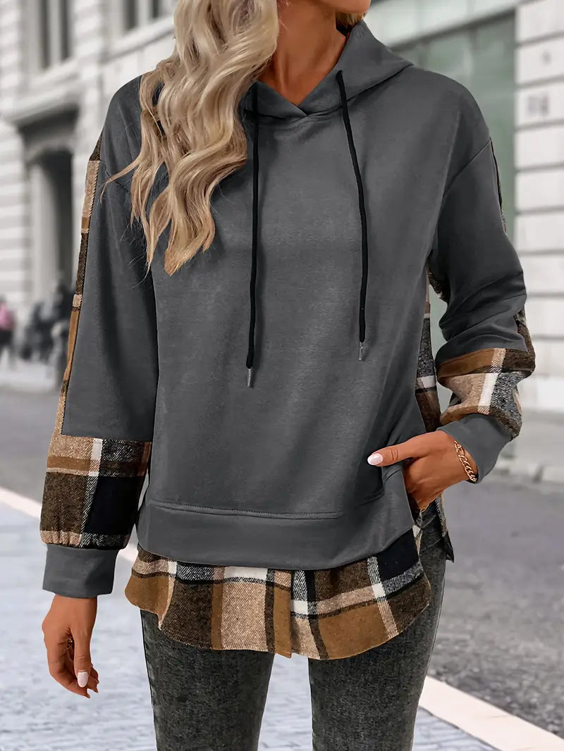 Retro Plaid Drawstring Hoodie – Cozy Checkered Casual Pullover for Women