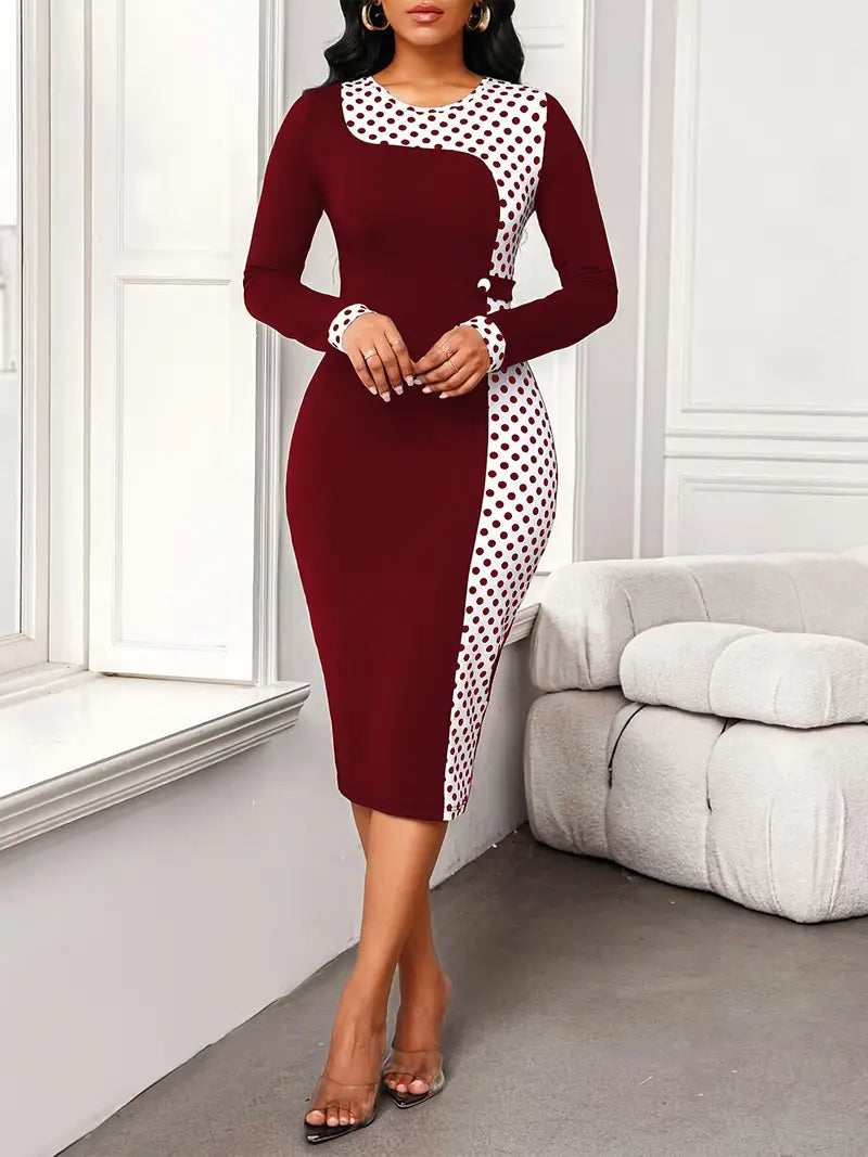 Elegant Polka Dot Bodycon Midi Dress with Button Detailing – Long Sleeve Knit Dress for Effortless Sophistication