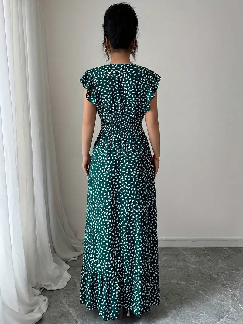 Polka Dot V-Neck Dress with Smocked & Ruched Detailing