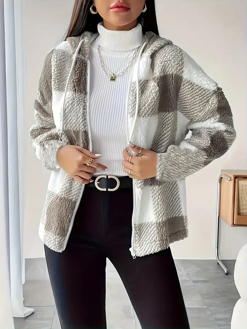 Elegant Checkered Plush Winter Coat — Beige & Brown Textured Outerwear for Fall and Winter