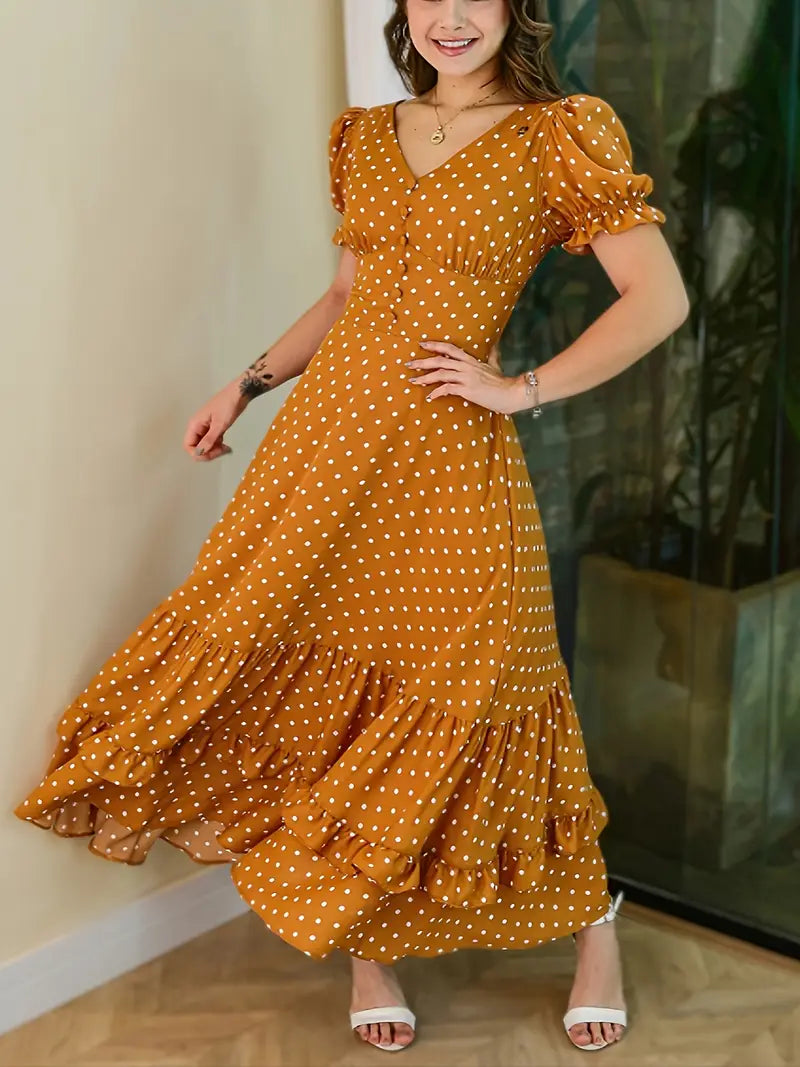 Elegant Polka Dot V-Neck Midi Dress — Ruffle Sleeves & Tiered Skirt