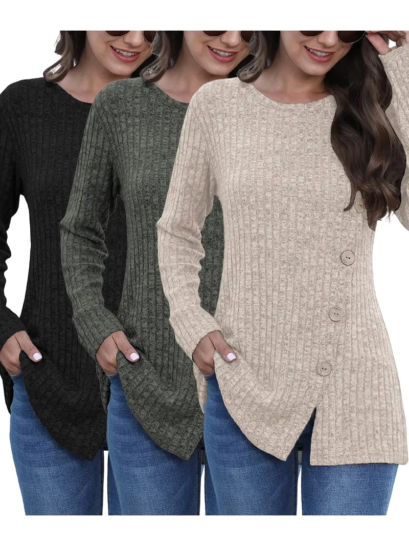 3-Piece Women’s Elegant Long-Sleeve Blouse & Lightweight Sweater Set – Solid Color, Button-Front, Round Neck, Versatile Layering Essentials