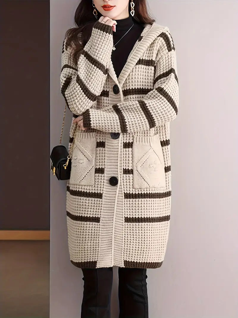 Chunky-Knit Striped Hooded Cardigan Pullover — Long Sleeve with Pockets, Cozy Fall/Winter Outerwear