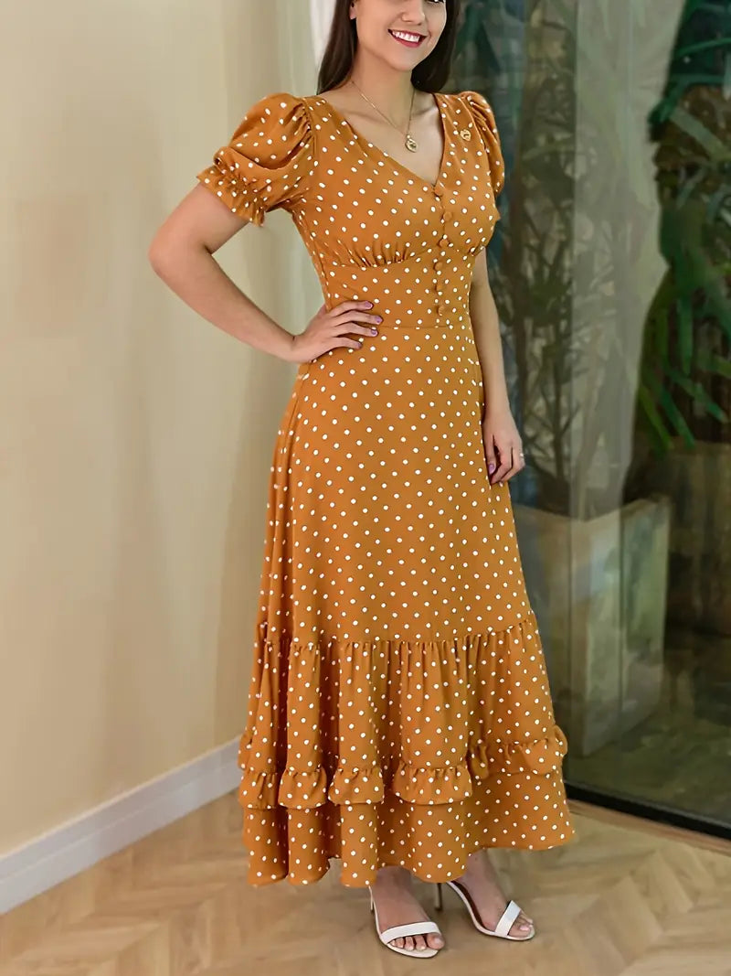 Elegant Polka Dot V-Neck Midi Dress — Ruffle Sleeves & Tiered Skirt