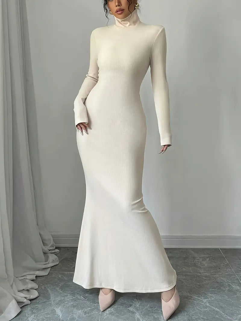 Color-Block Ribbed Turtleneck Dress Set (2-Piece) — Elegant Rib Knit Midi Dress & Matching Overlay for Chic Layered Style