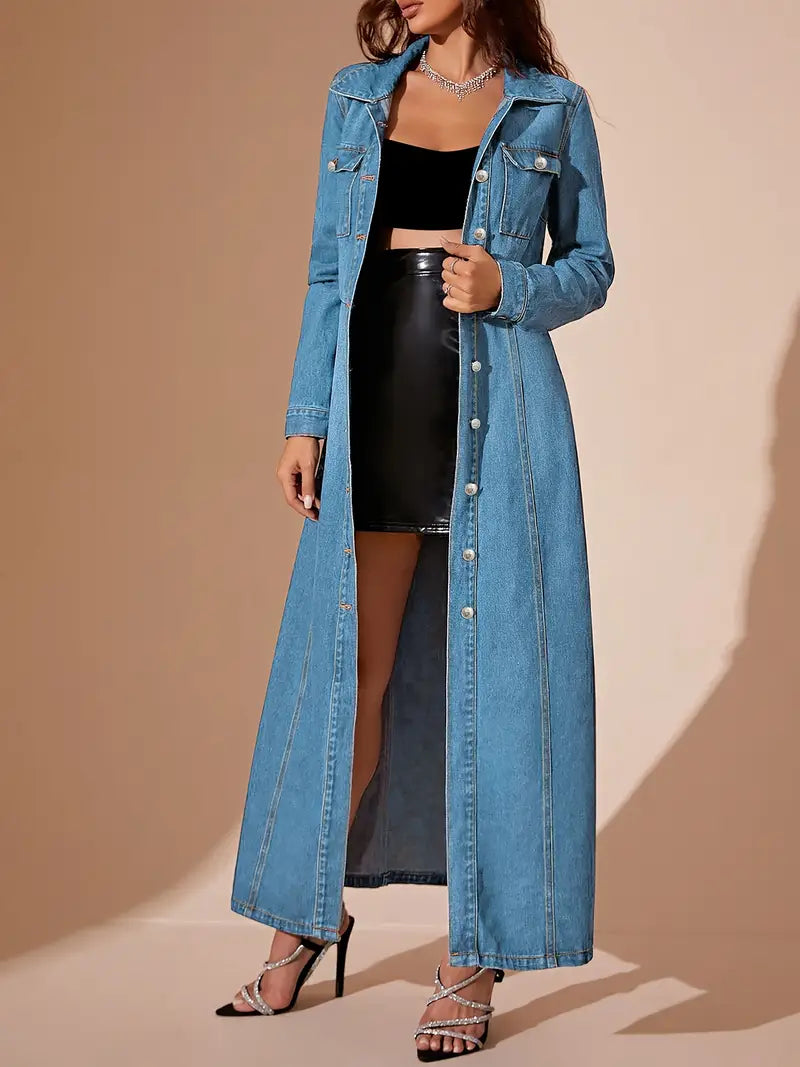 Classic Long Denim Coat – Elegant Button-Front Longline Jacket for Effortless Layering