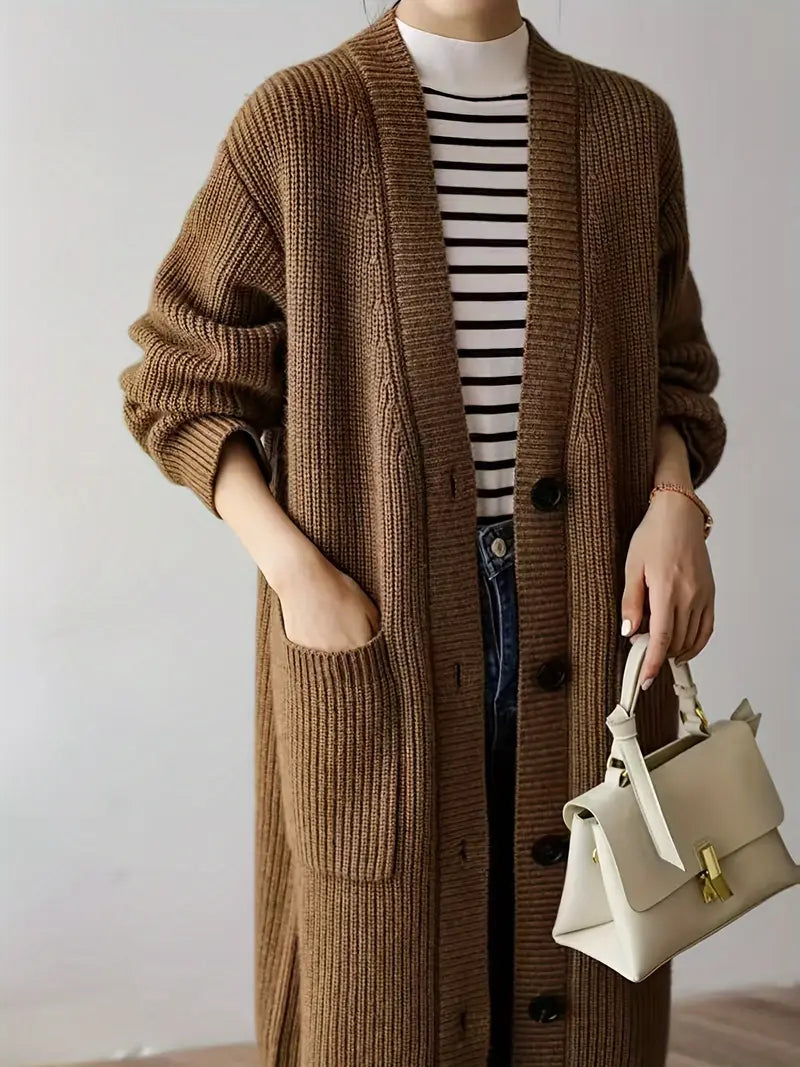 Chic Longline V-Neck Knit Cardigan Coat with Pockets — Solid Color Polyester Sweater Coat