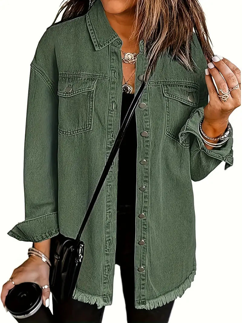 Oversized Fringe-Hem Denim Jacket – Western-Inspired Casual Outerwear for Women