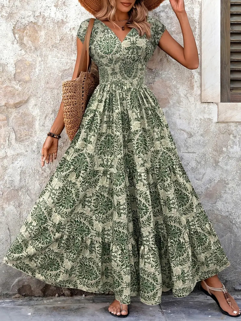 Elegant V-Neck Floral Maxi Dress – Green Summer A-Line Silhouette with Cinched Waist