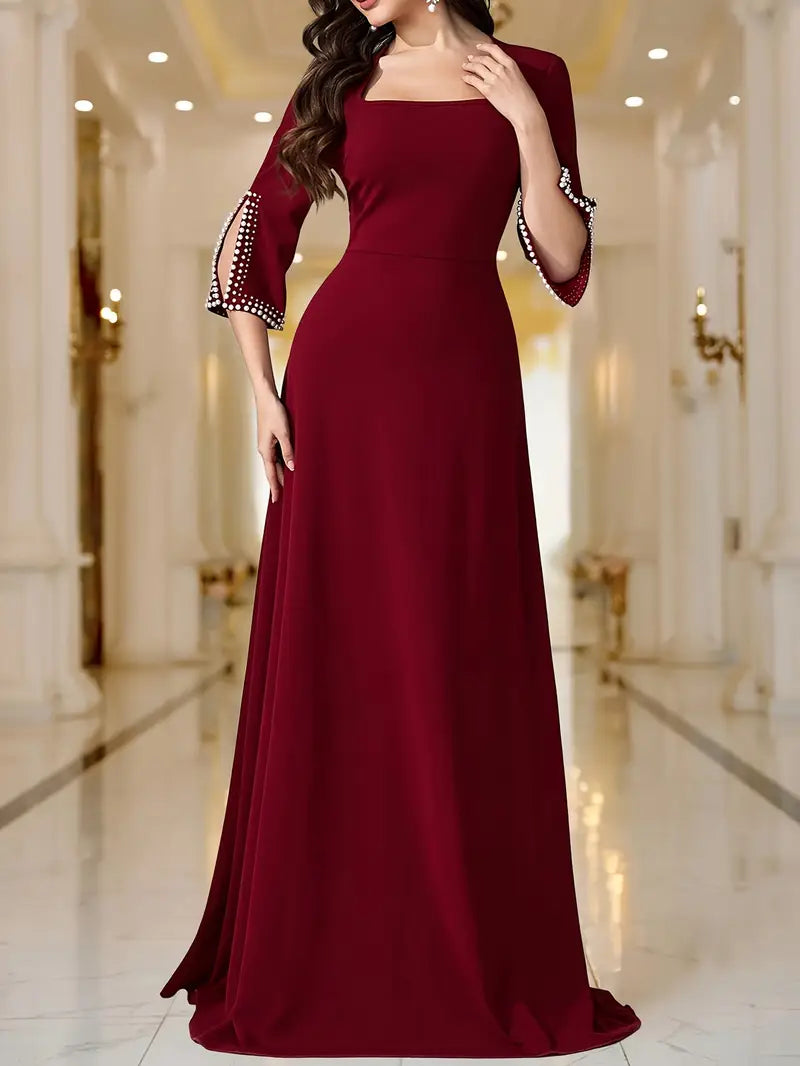 Maroon Long-Sleeve Pearl-Belted Midi Dress with Square Neck & Flowing A-Line Silhouette