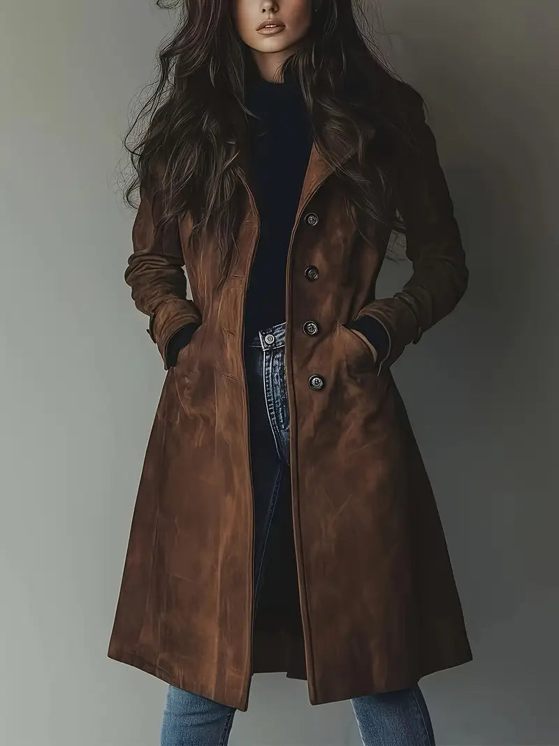Retro Western Suede Long Trench — Turn-Down Collar Longline Coat