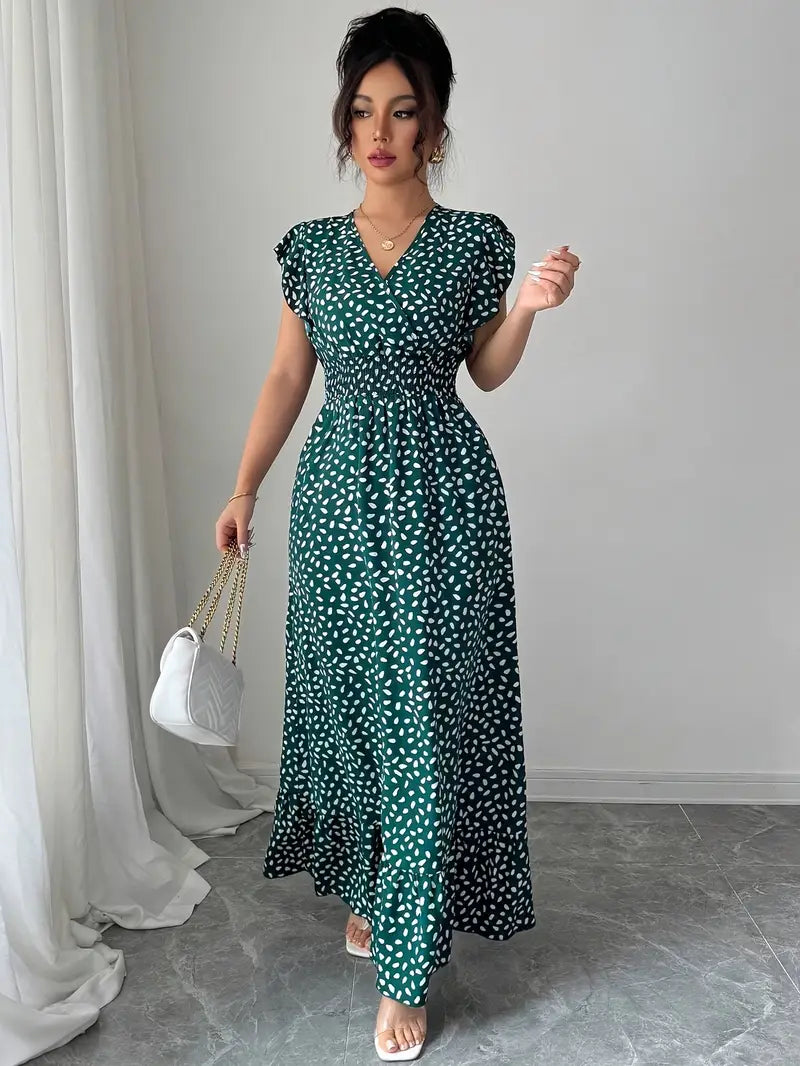 Polka Dot V-Neck Dress with Smocked & Ruched Detailing