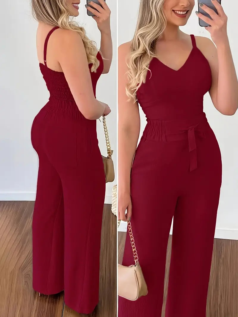 Elegant Off-Shoulder V-Neck Belted Suit Set for Women — 3/4 Sleeve Solid Color Ensemble in Lightweight Fabric
