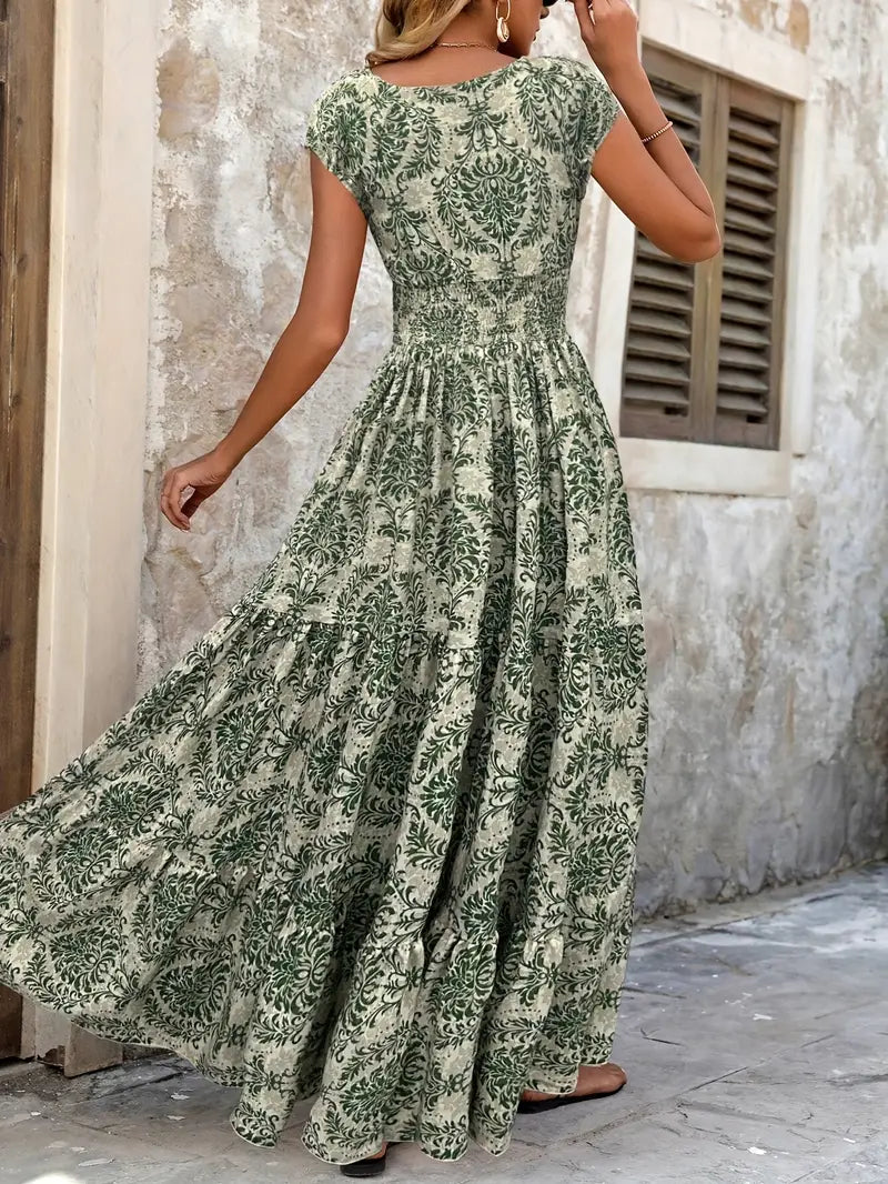 Elegant V-Neck Floral Maxi Dress – Green Summer A-Line Silhouette with Cinched Waist