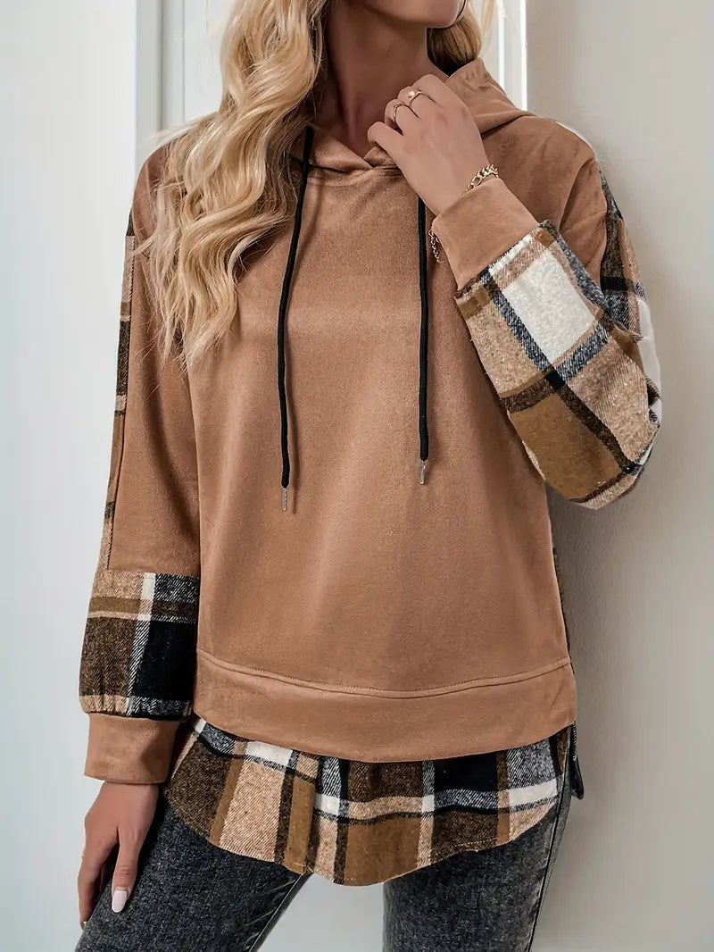 Retro Plaid Drawstring Hoodie – Cozy Checkered Casual Pullover for Women
