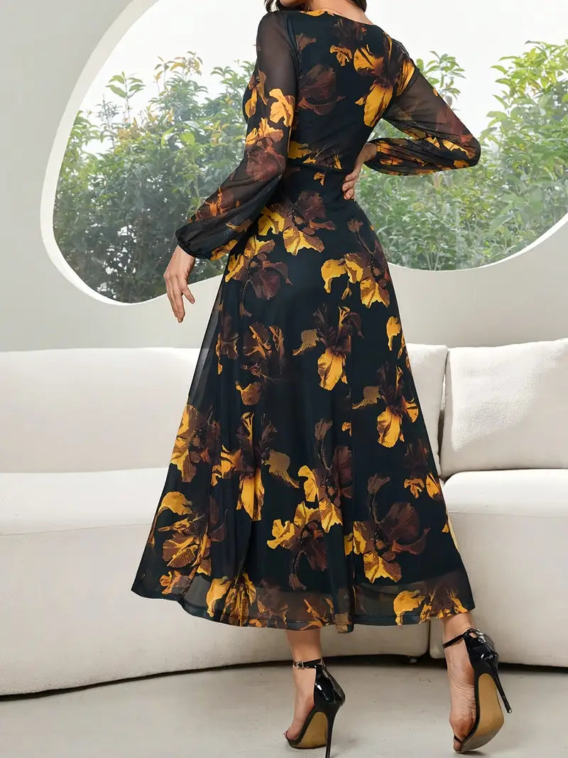 Elegant Black & Gold Floral A-Line Dress – A Timeless Statement Piece