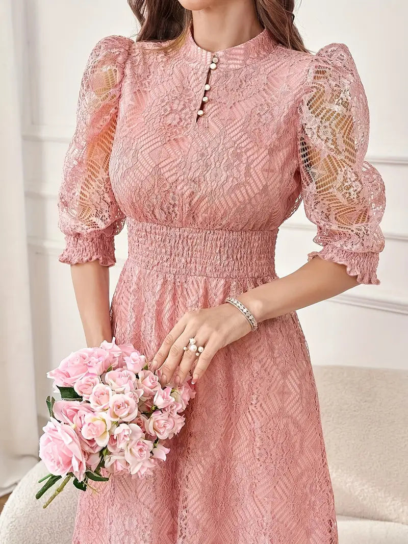 Stand-Collar Bubble-Sleeve Long Dress