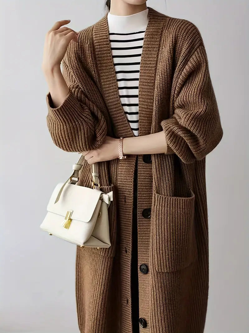 Chic Longline V-Neck Knit Cardigan Coat with Pockets — Solid Color Polyester Sweater Coat