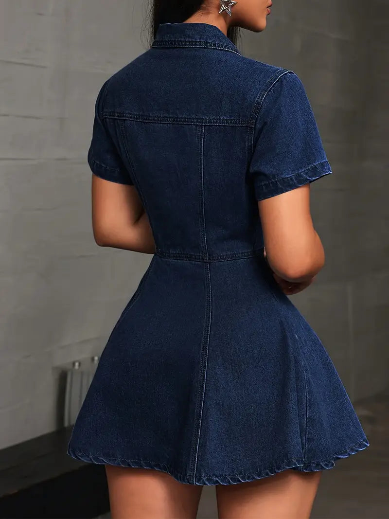 Classic Short-Sleeve Denim-Style Button-Front Dress with Pockets – Effortless Everyday Elegance