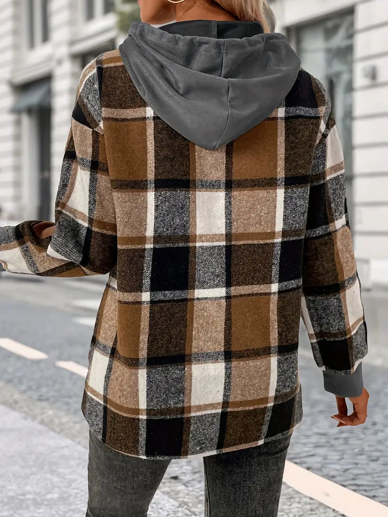 Retro Plaid Drawstring Hoodie – Cozy Checkered Casual Pullover for Women