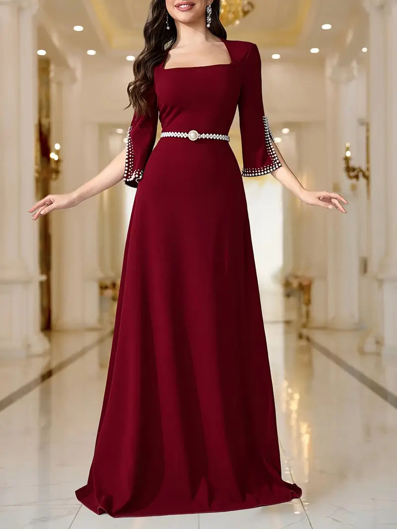Maroon Long-Sleeve Pearl-Belted Midi Dress with Square Neck & Flowing A-Line Silhouette