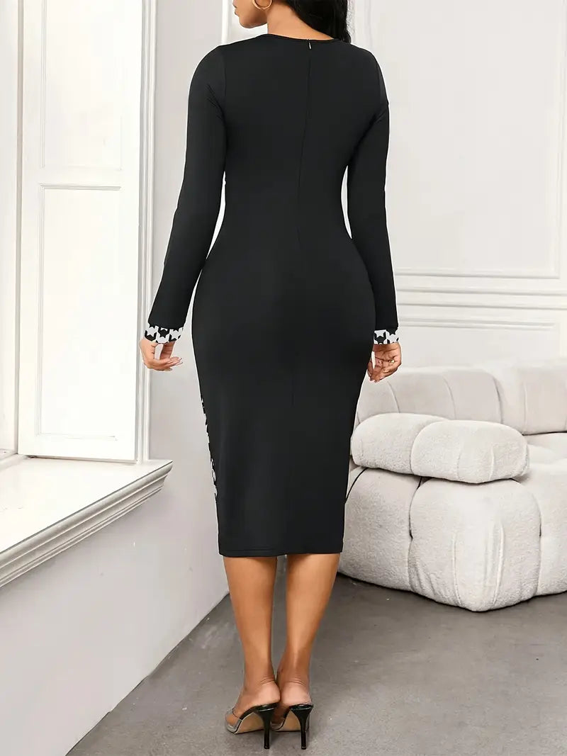 Elegant Polka Dot Bodycon Midi Dress with Button Detailing – Long Sleeve Knit Dress for Effortless Sophistication