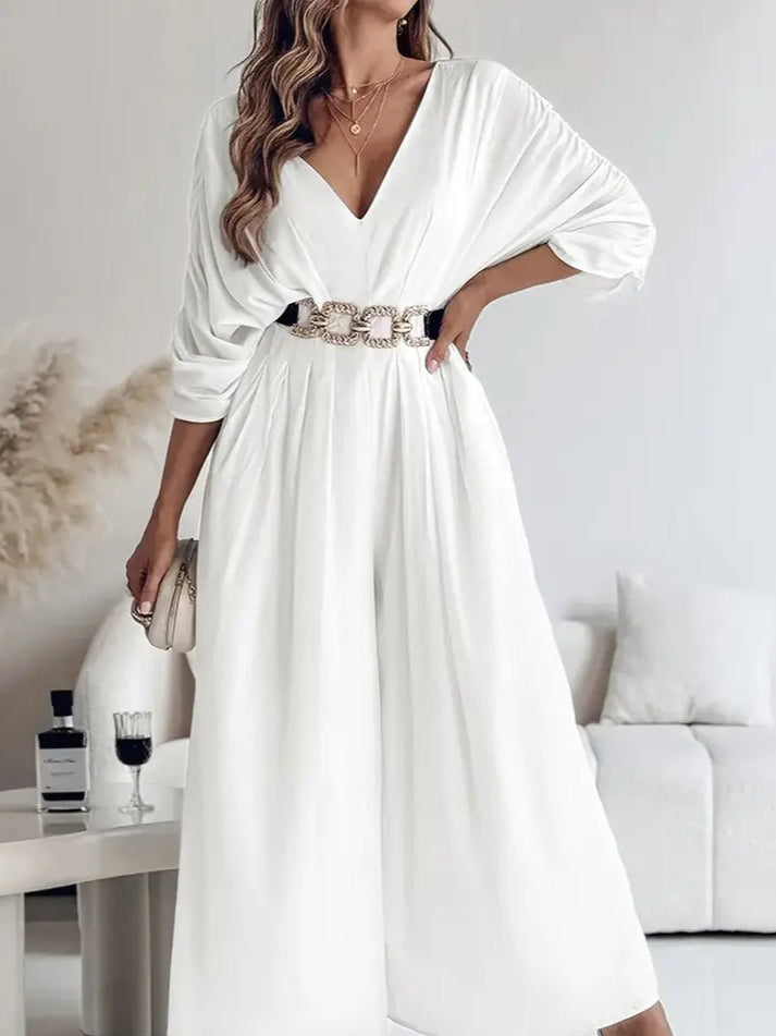 Elegant V-Neck Long-Sleeve Wide-Leg Jumpsuit with Tie-Back Detail