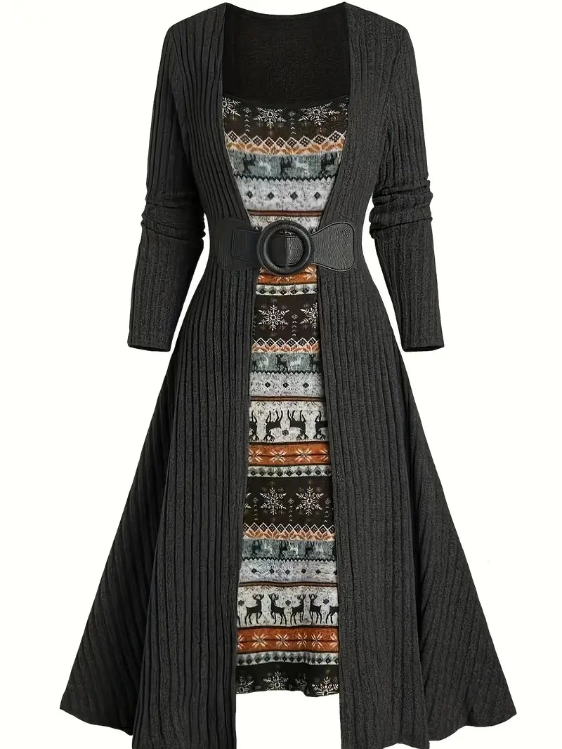 Ribbed Long-Sleeve Cardigan Dress with Square Neck & Color-Block Detailing — A-Line Polyester Knit for Fall