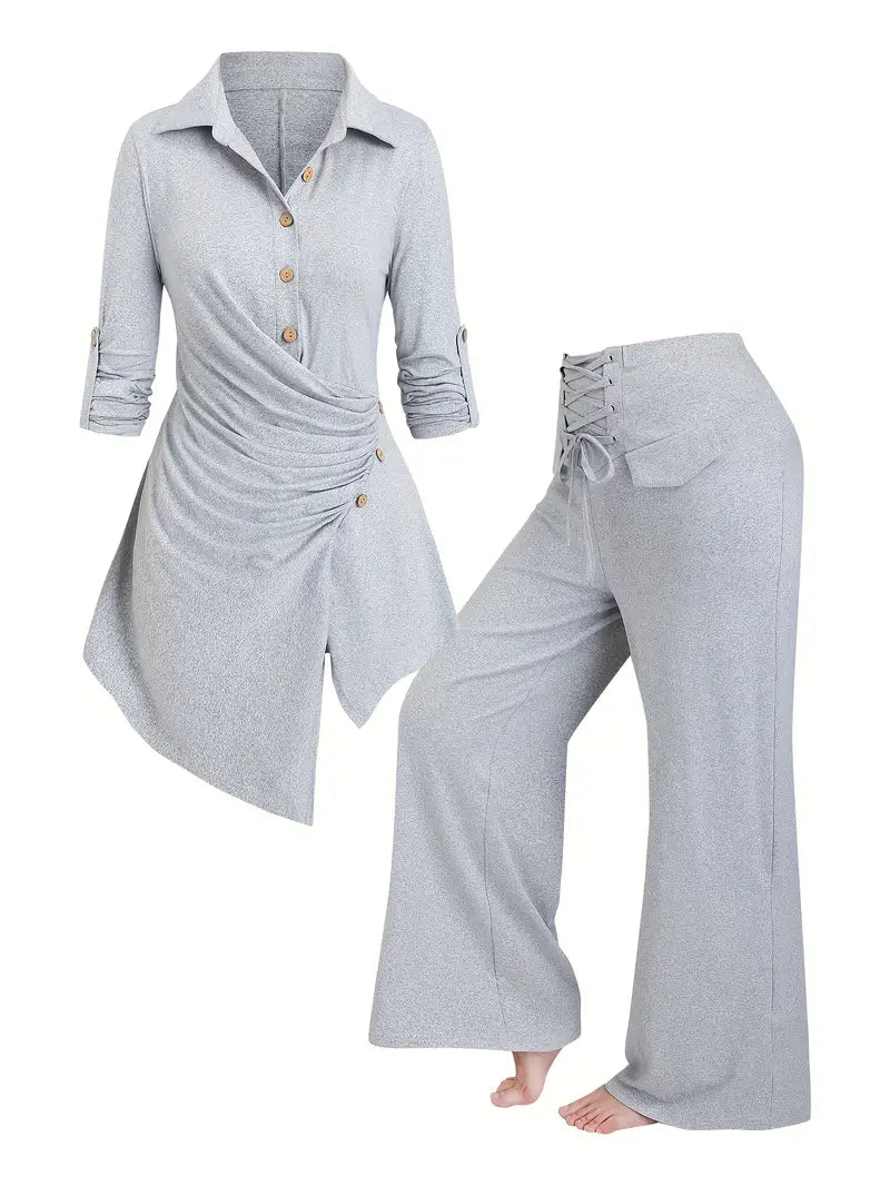 Women'S Casual Solid Color Long Sleeve Shirt with Adjustable Chest Ruching & Metal Eyelets