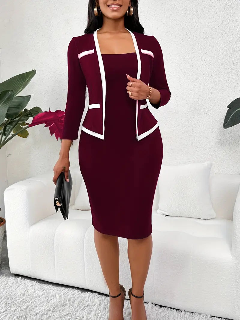 2-in-1 Contrast Trim Bodycon Dress – Elegant Long Sleeve Office & Formal Midi Dress for Modern Women
