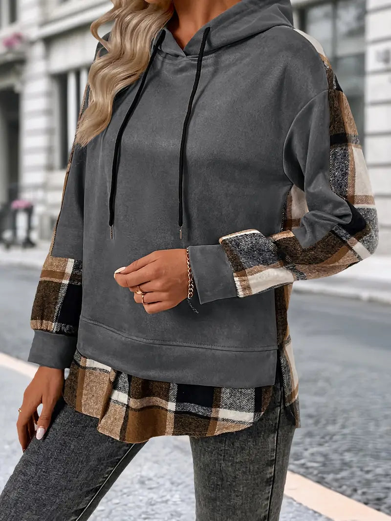 Retro Plaid Drawstring Hoodie – Cozy Checkered Casual Pullover for Women