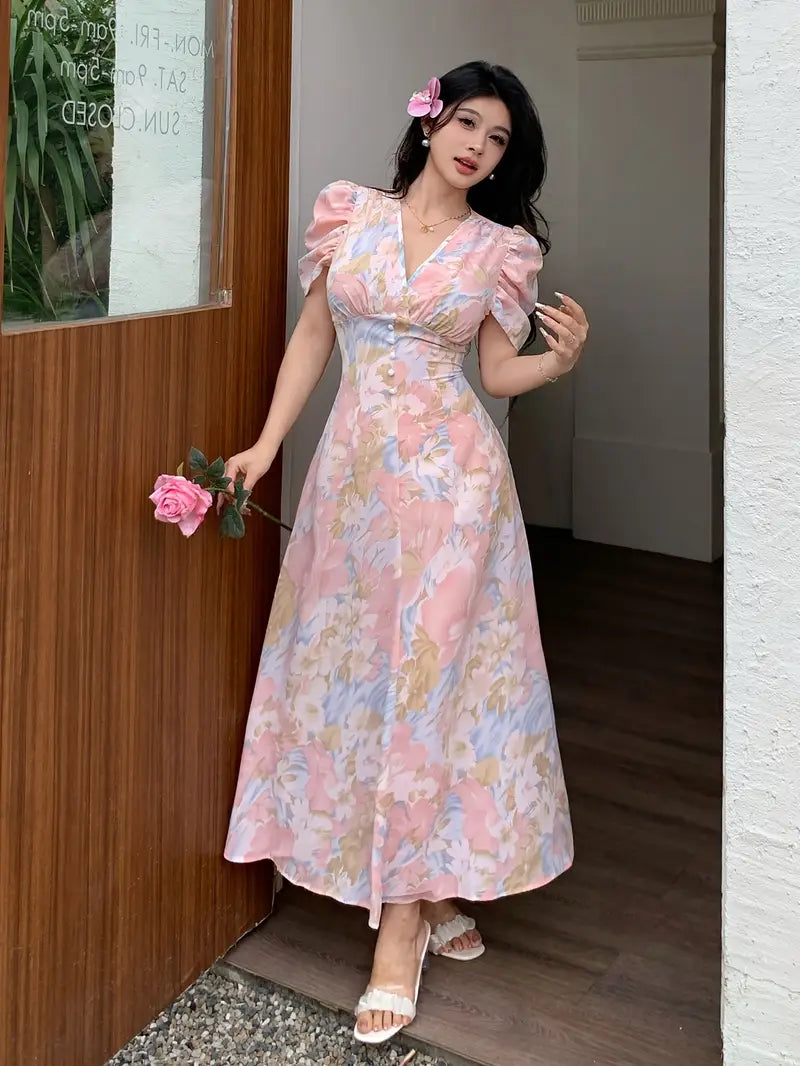 Elegant Floral Maxi Dress — A-Line Silhouette, Machine-Washable, Vacation-Ready