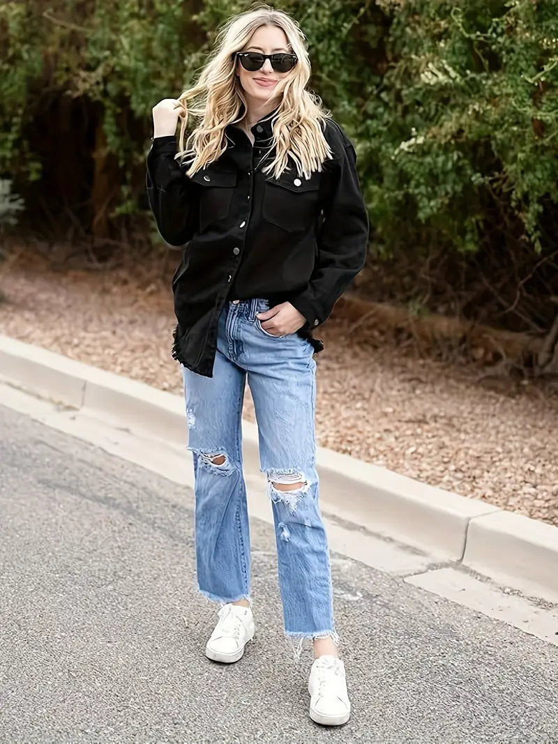 Oversized Fringe-Hem Denim Jacket – Western-Inspired Casual Outerwear for Women