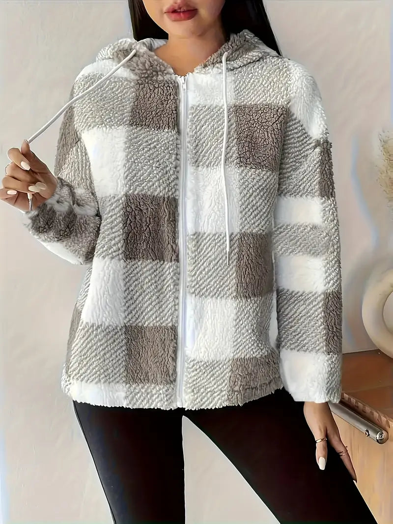 Elegant Checkered Plush Winter Coat — Beige & Brown Textured Outerwear for Fall and Winter