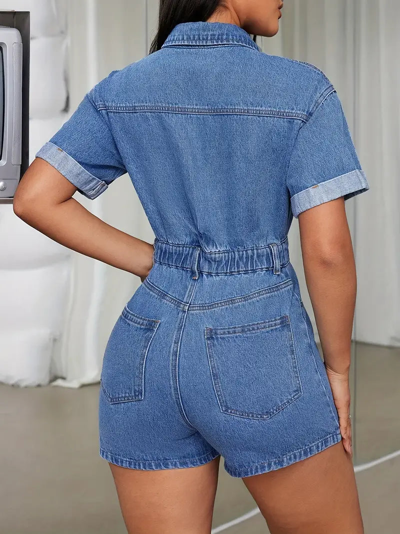 Chic Stretch-Denim Shorts Romper with Pockets – Effortless Casual Jumpsuit for Spring & Summer