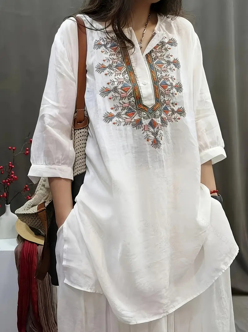 Women’s Vintage Embroidered Geometric Blouse – Long Sleeve, Loose Fit