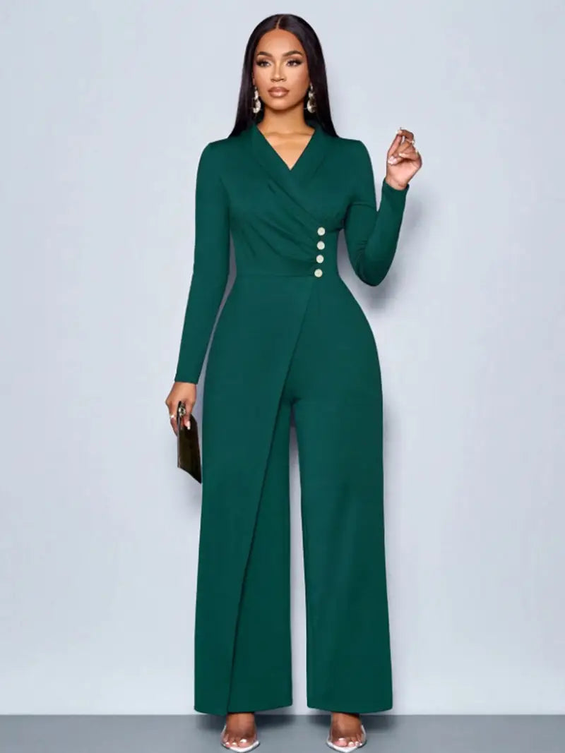 Elegant V-Neck Long-Sleeve Straight-Leg Jumpsuit for Spring & Autumn