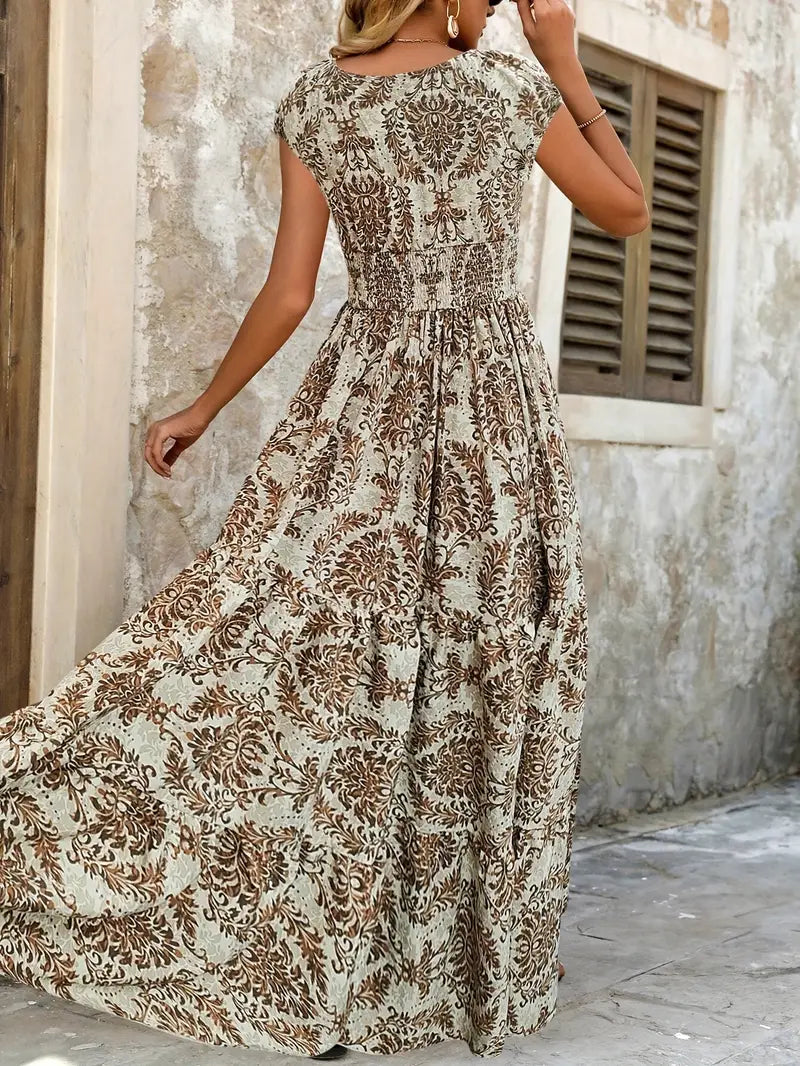 Elegant V-Neck Floral Maxi Dress – Green Summer A-Line Silhouette with Cinched Waist