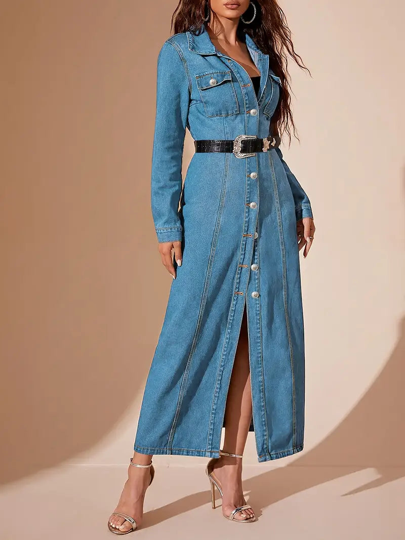 Classic Long Denim Coat – Elegant Button-Front Longline Jacket for Effortless Layering