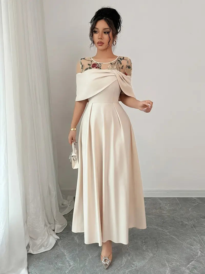 Elegant Beige A-Line Dress with Cinched Waist & Flared Skirt