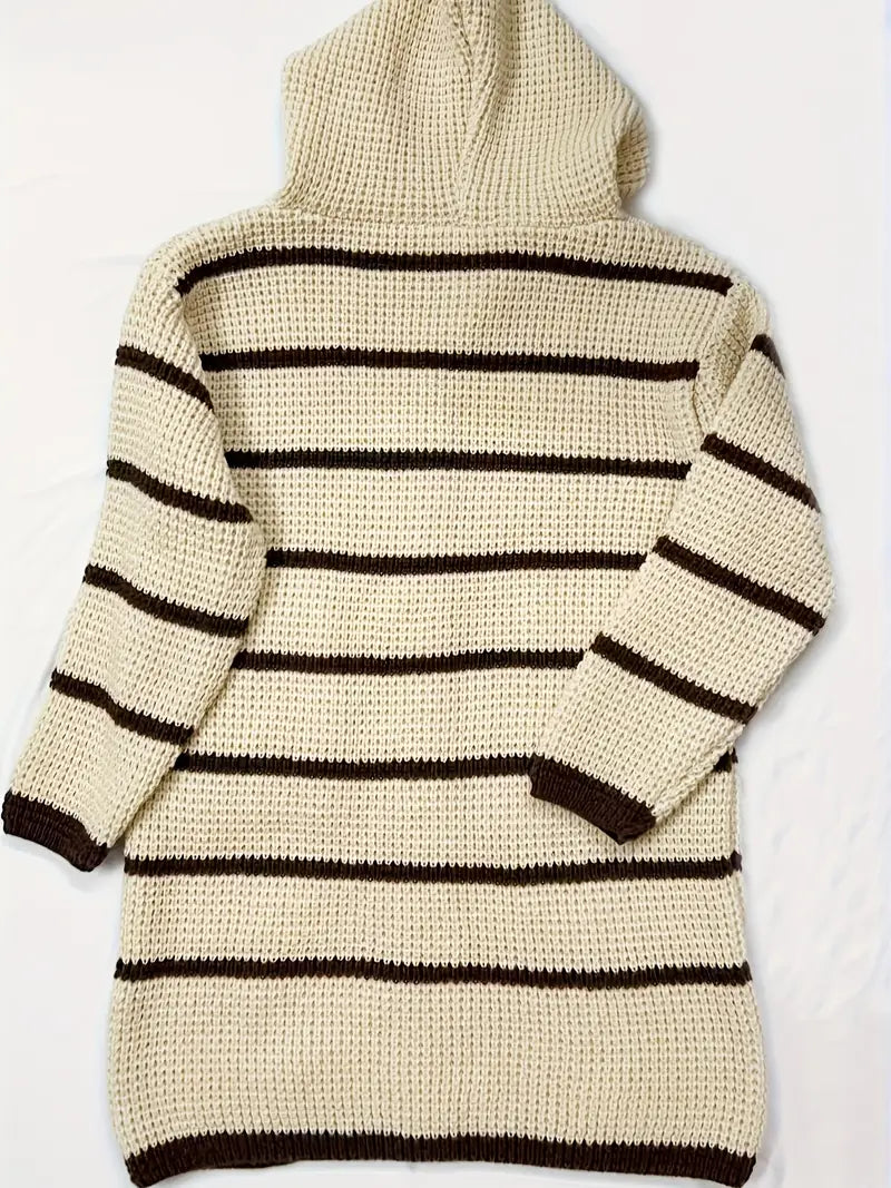 Chunky-Knit Striped Hooded Cardigan Pullover — Long Sleeve with Pockets, Cozy Fall/Winter Outerwear